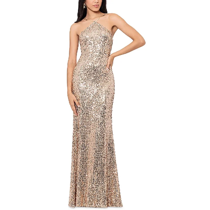 Womens Sequined Halter Evening Dress