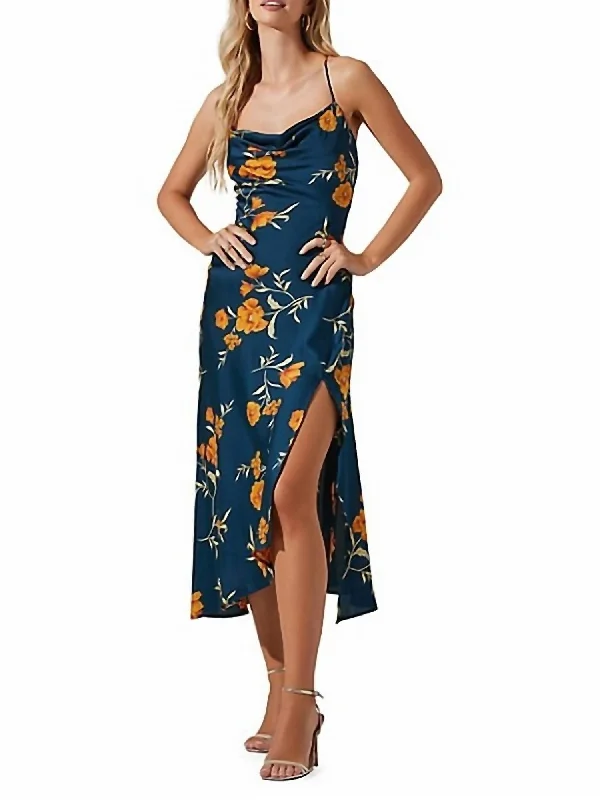 Gaia Floral Cross-Back Side-Slit Midi Dress In Dark Teal