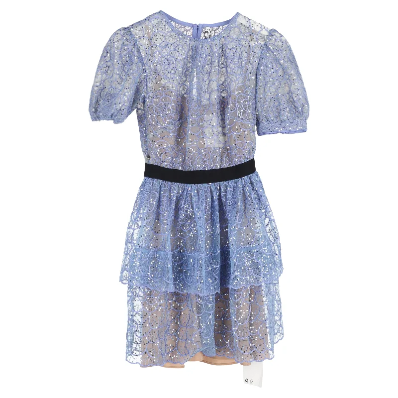 Self-Portrait Sequined Lace Mini Dress in Blue Polyester