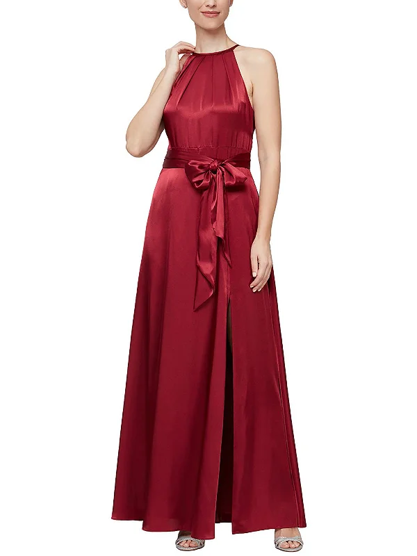 Womens Satin Belted Evening Dress