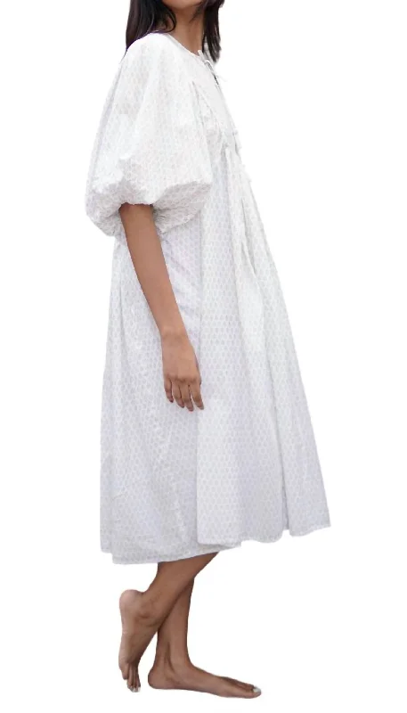 Block Printed Midi Summer Dress In White