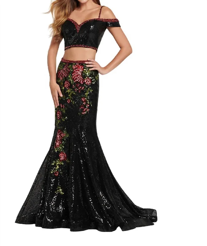 2 Piece Embellished Sequin Floral Prom Dress In Black/multi