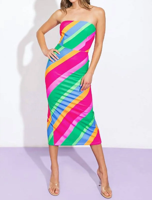 A Printed Ponti Midi Tube Dress In Blue Fuchsia