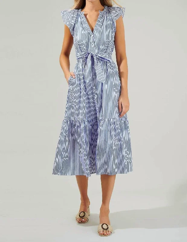 Button Midi Dress In Blue/white/stripe