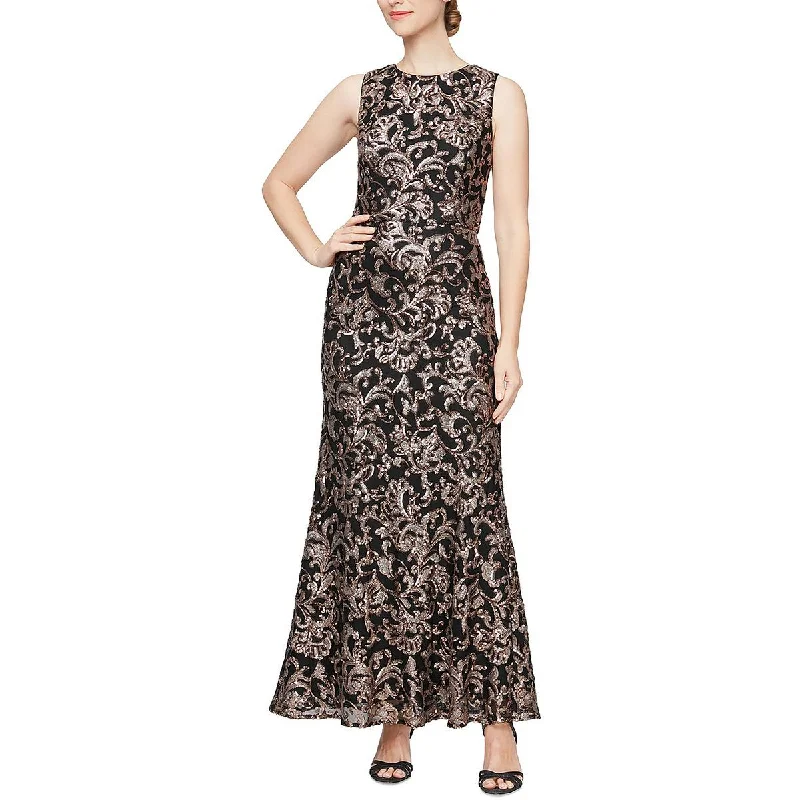 Petites Womens Sequined Sleeveless Evening Dress