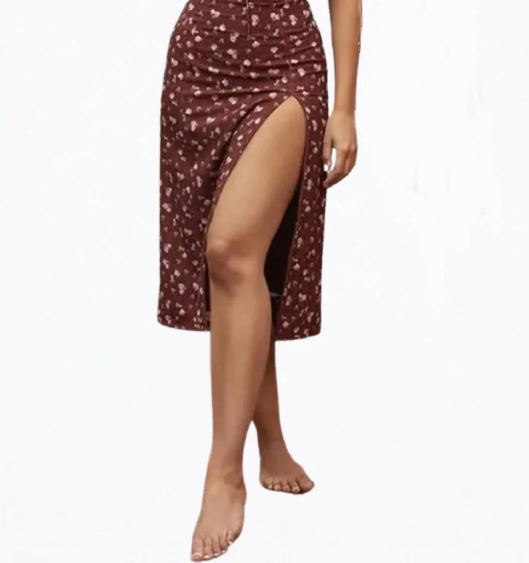 Floral-Print Ruched Satin Slip Midi Dress In Burgundy