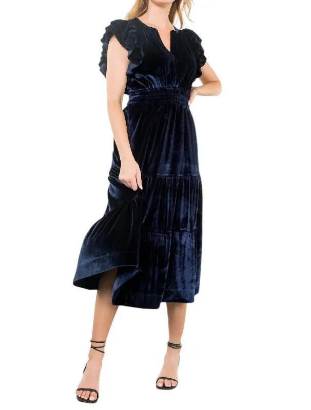 Velvet Tiered Maxi Dress In Navy