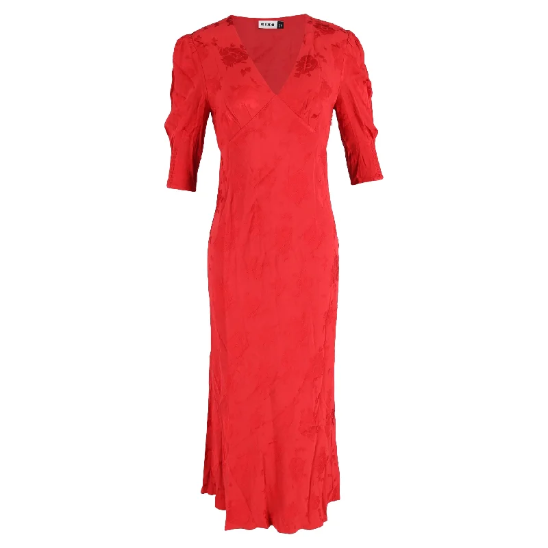 Rixo Zadie Floral Jacquard Midi Dress in Red Polyester