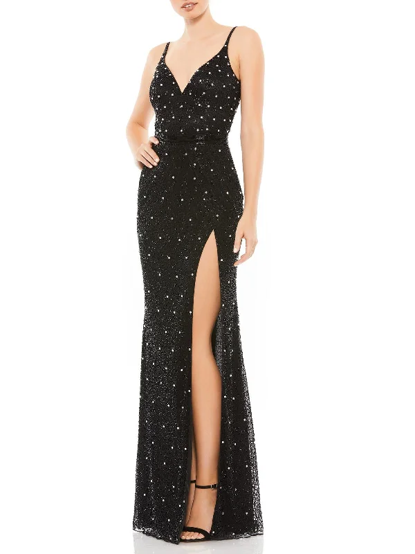 Womens Embellished V-Neck Evening Dress