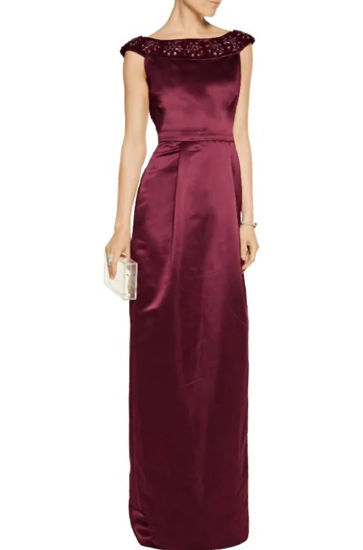 Satin Column Embellished Long Dress In Burgundy