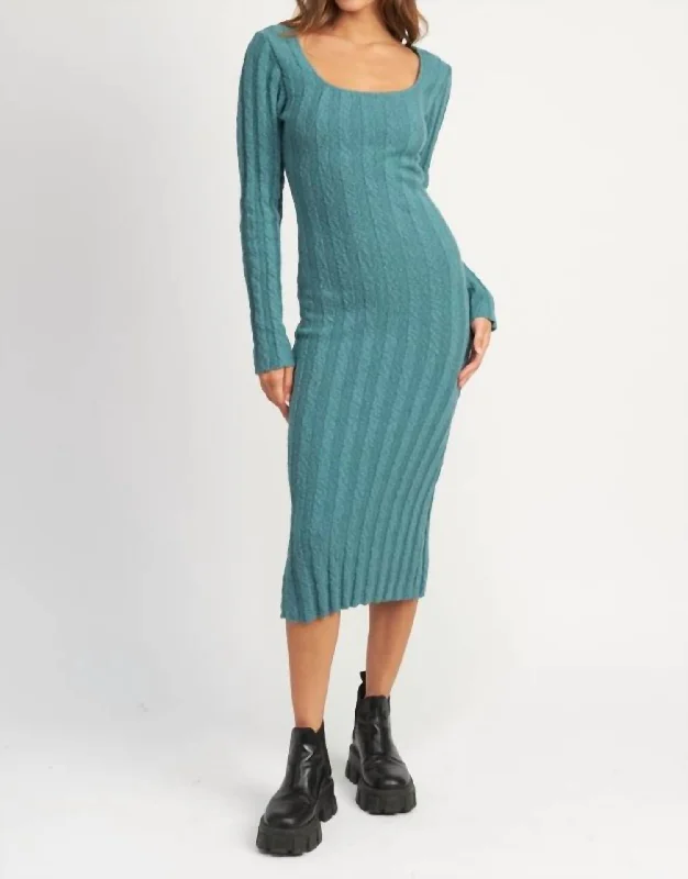 Square Neck Ribbed Midi Dress In Light Teal