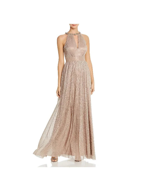 Womens Embellished Metallic Evening Dress