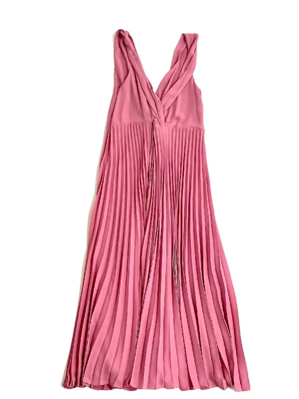 Women's Pleated V Neck Twist Sleeveless Midi Dress In Pink