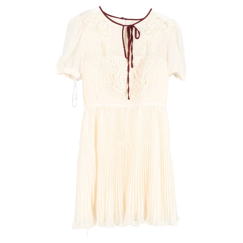 Self-Portrait Pleated Macramé-Trim Mini Dress in White Polyester