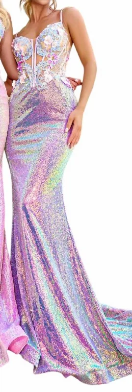 Sheer Embroidered Prom Dress In Lilac Multi