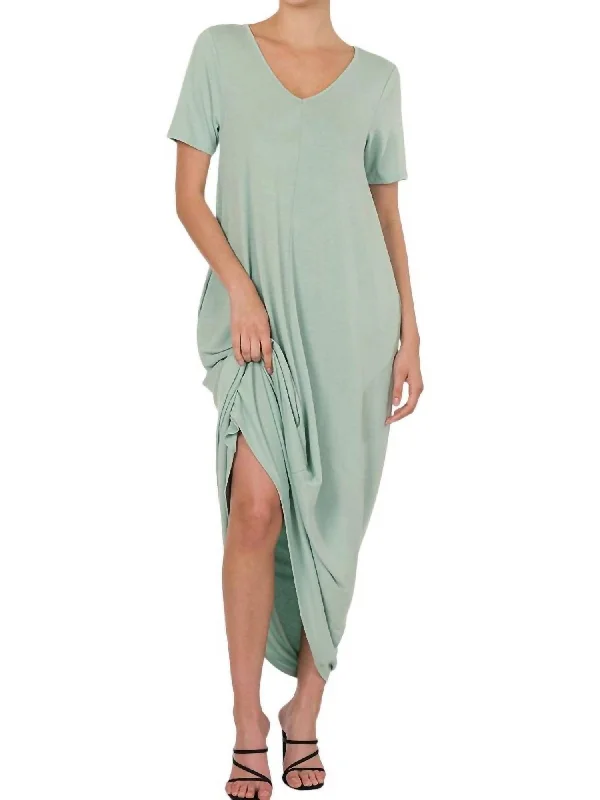 V-Neck Short Sleeve Maxi Dress In Light Sage