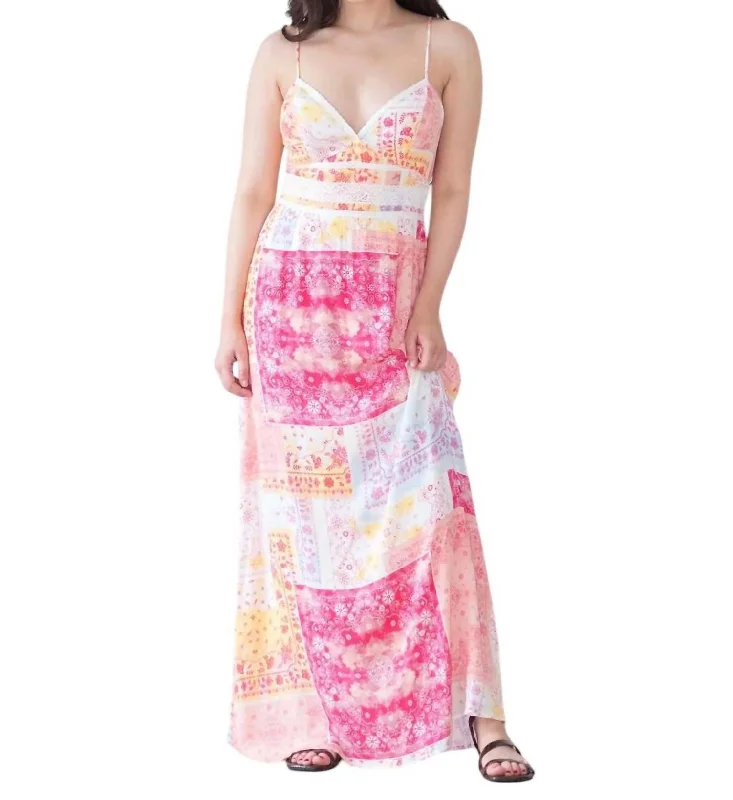 Patchwork Print Maxi Dress In Pink Orange