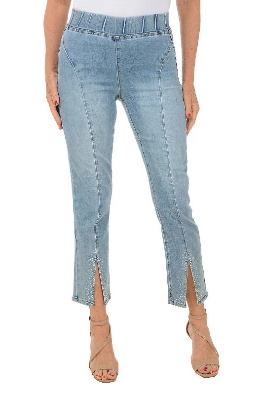 Rhinestone Split Hem Denim Ankle Pant