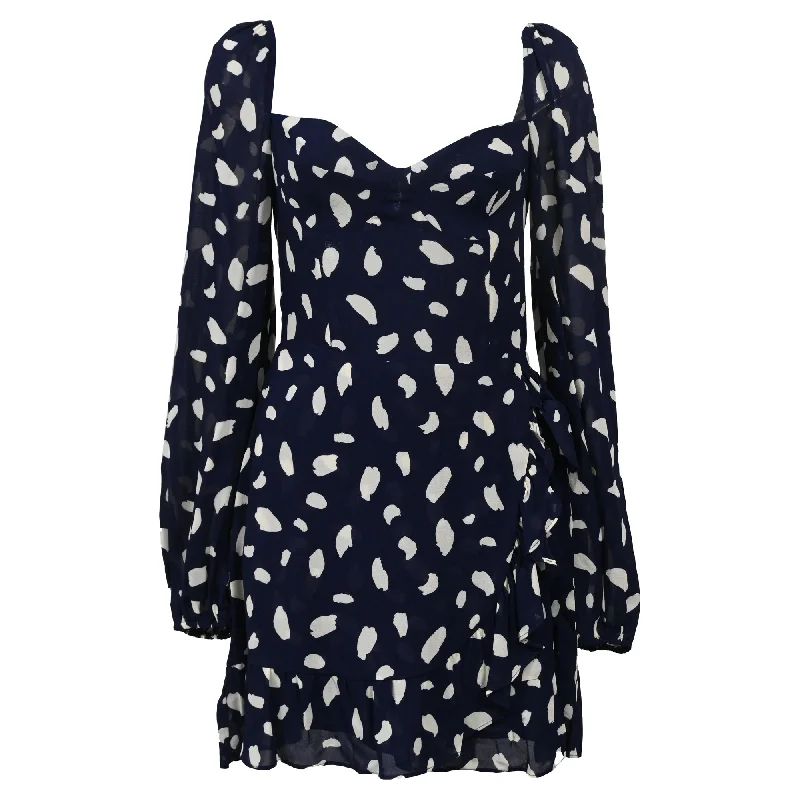 Reformation Cammi Polka-Dot Crepe Mini Dress in Navy Blue Viscose