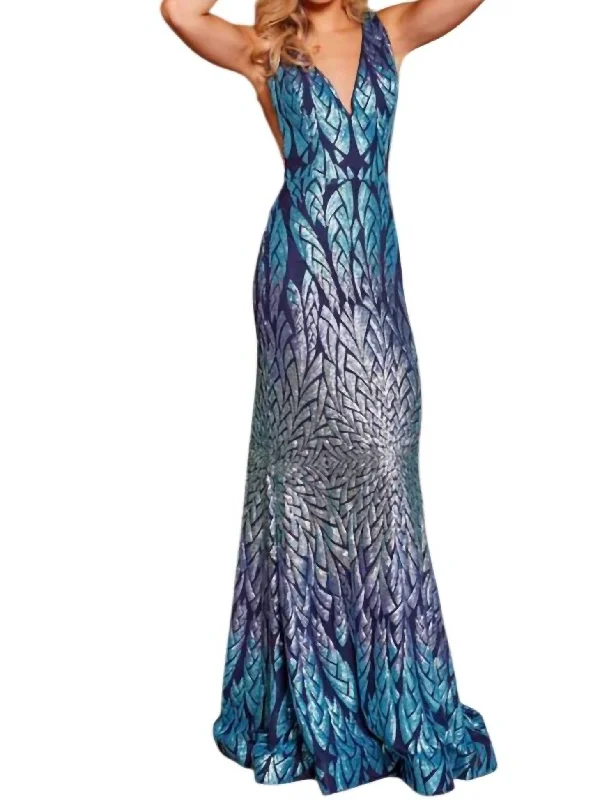 Blue Multi Sleeveless V Neck Prom Dress