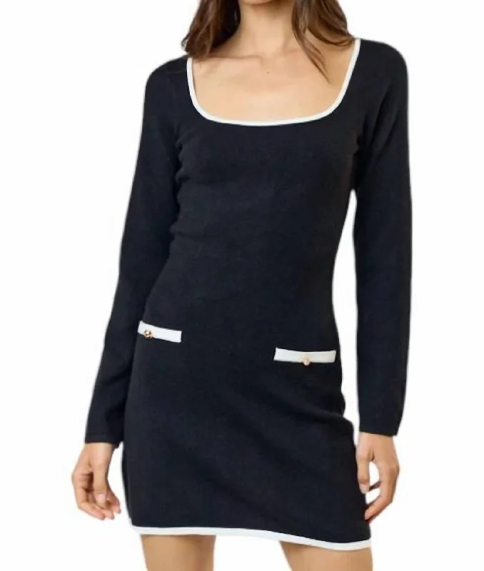 Contrast Detail Sweater Mini Dress In Black