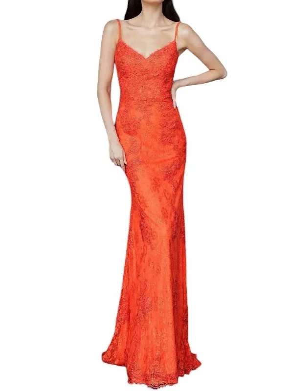 Form Fitting Lace Prom Dress In Orange/red