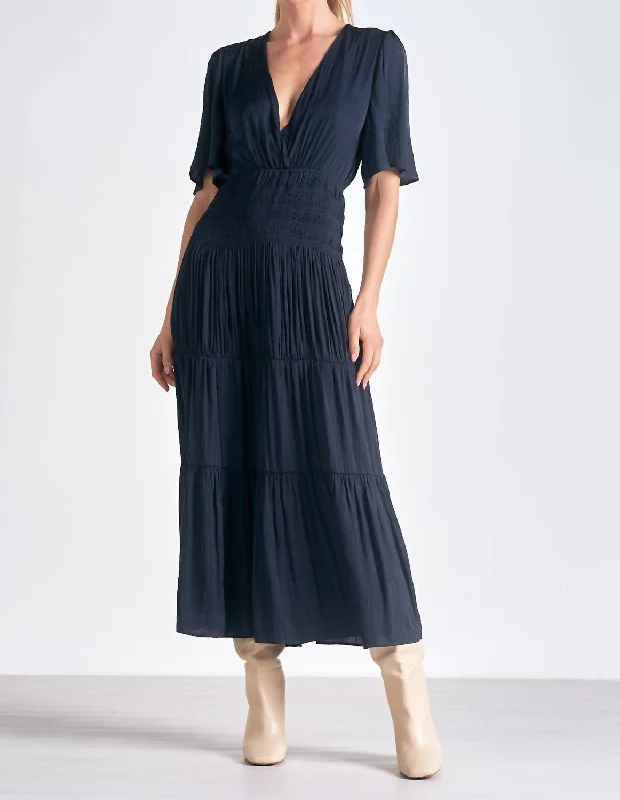 V-Neck Tiered Maxi Short Sleeve Dress In Navy