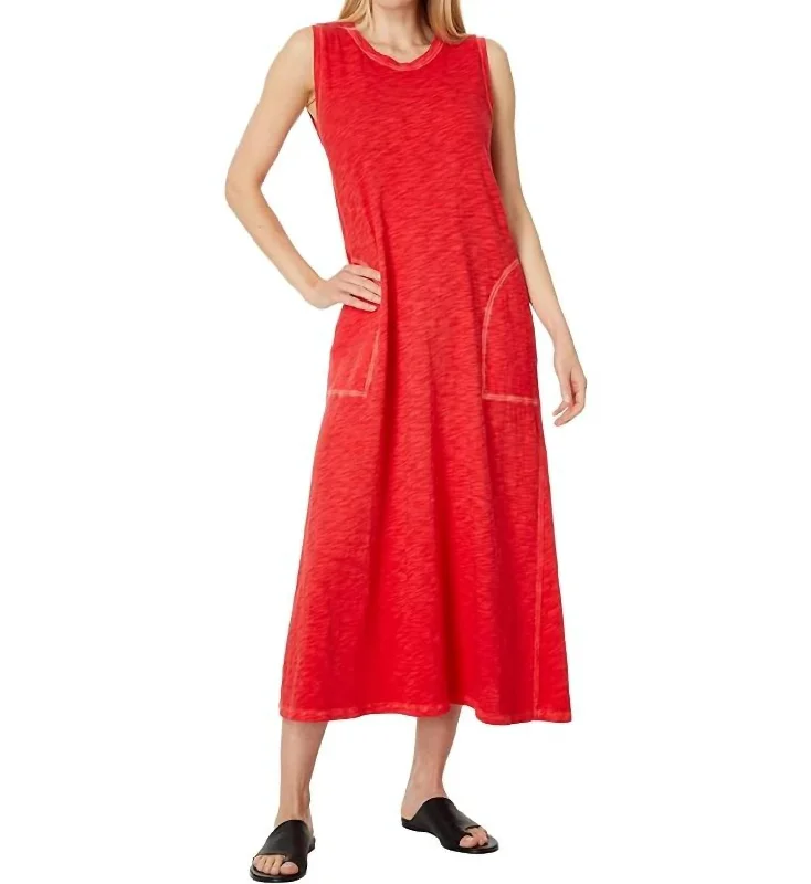 Enzyme Washed Jersey Sleeveless Maxi Dress With Pockets In Poppy