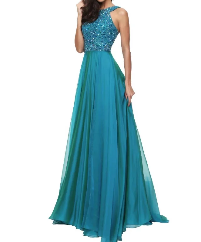 Beaded Full-Length Prom Dress In Teal