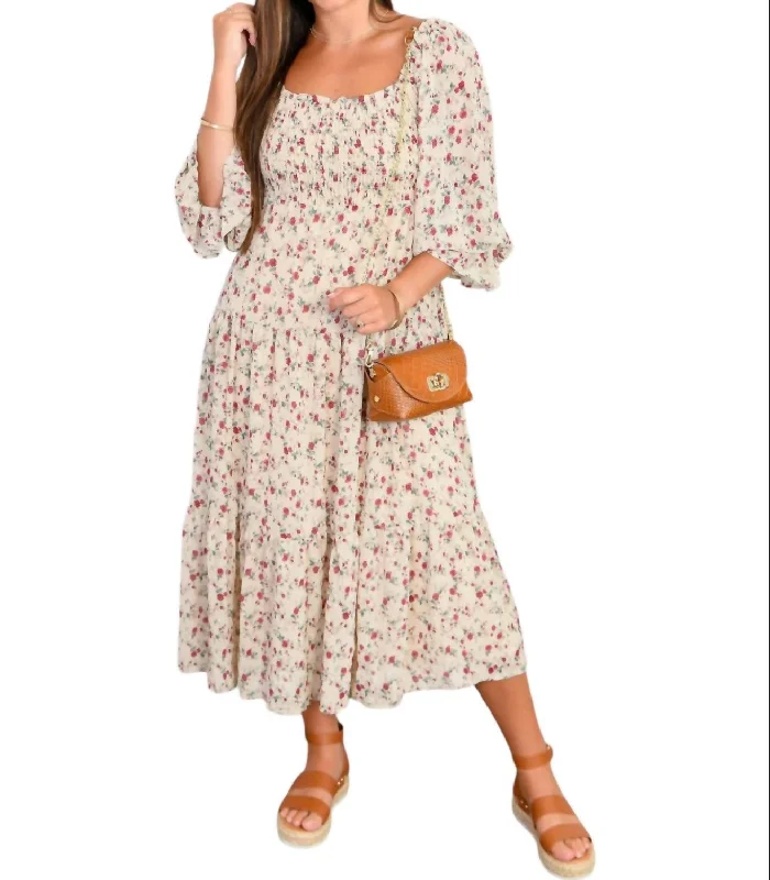 Meadow Muse Floral Midi Dress In White