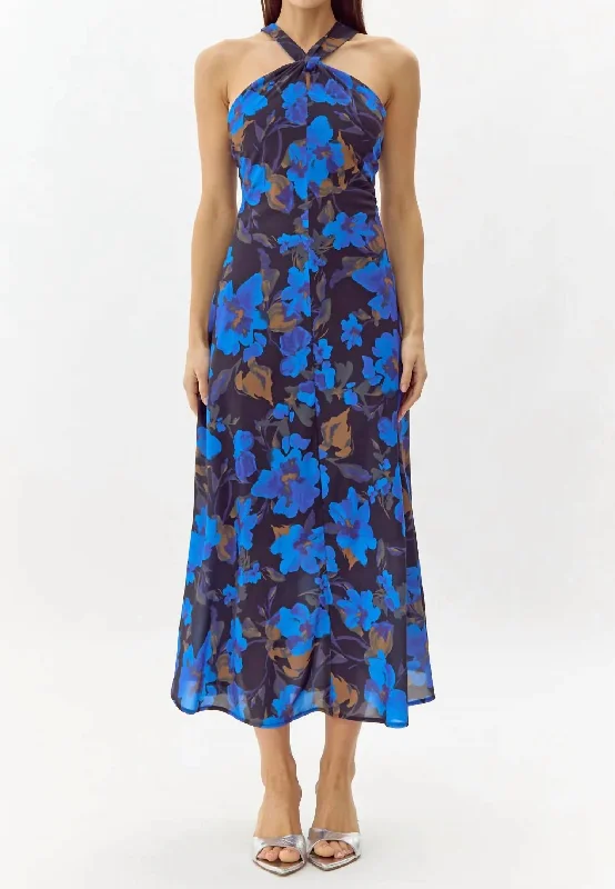 Anastasia Floral Halter Midi Dress In Electric Blue