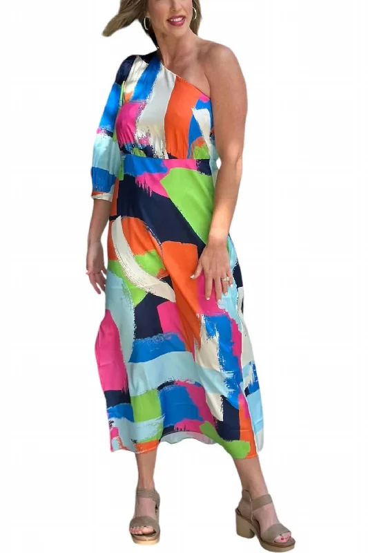 One Shoulder Midi Dress In Multi Brushed