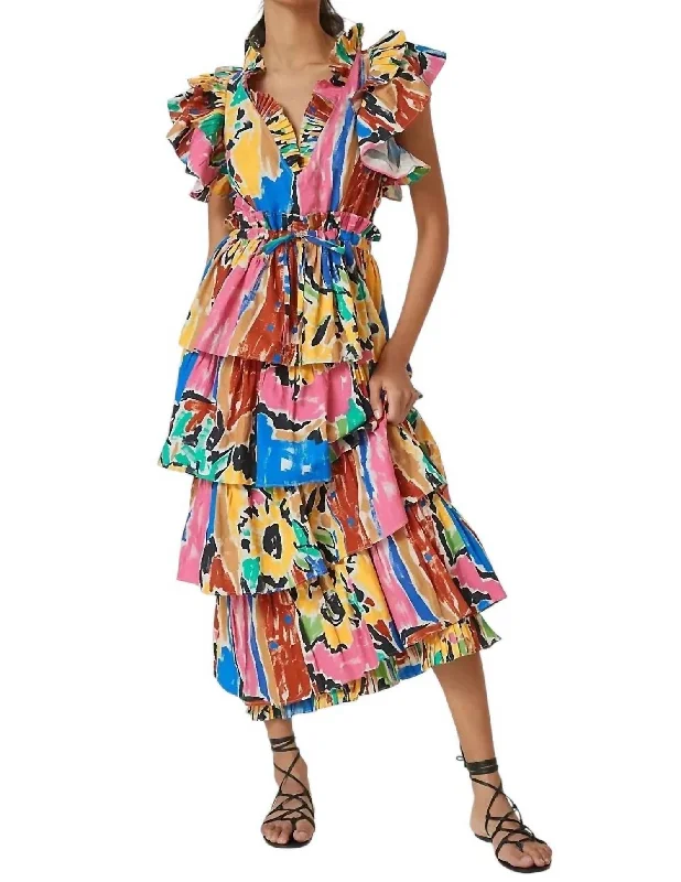 V Neck Ruffle Maxi Dress In Multicolor