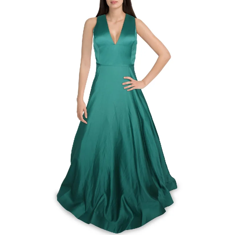 Juniors Womens Plunging Satin Formal Dress