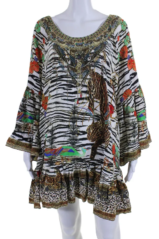 Camilla Womens Silk Multicolor Mixed Print Bedazzled V-neck Mini Dress