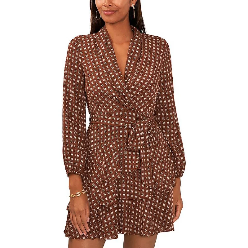 Womens Printed Shawl-Collar Mini Dress