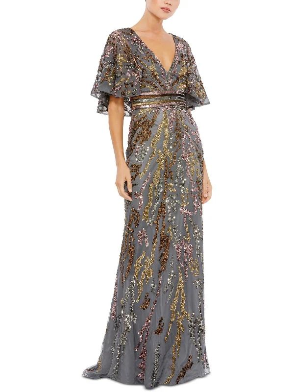 Womens Sequin Flutter Sleeve Evening Dress