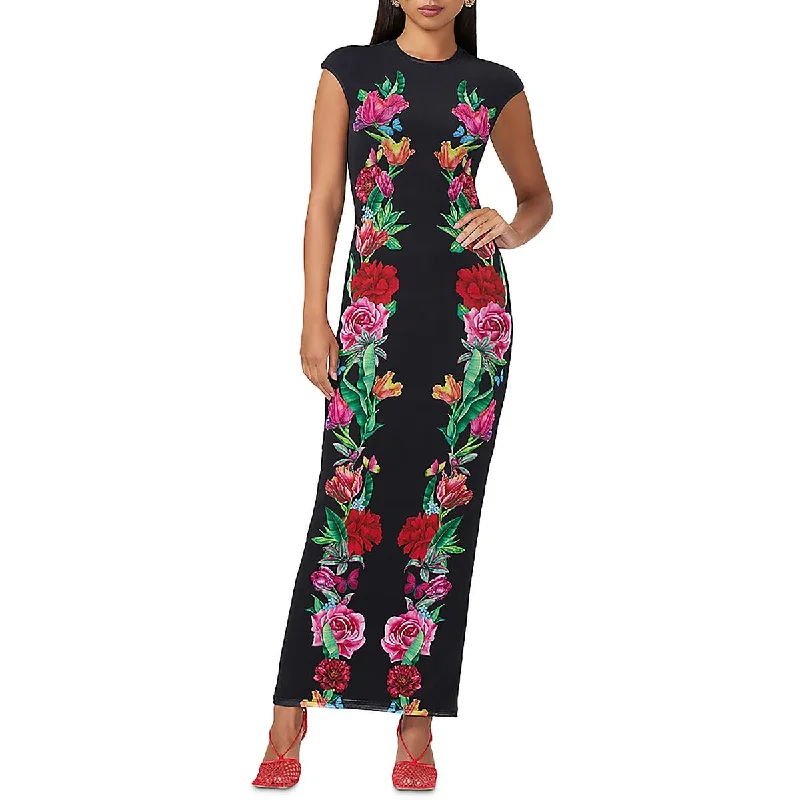 Womens Floral Print Boat Neck Maxi Dress