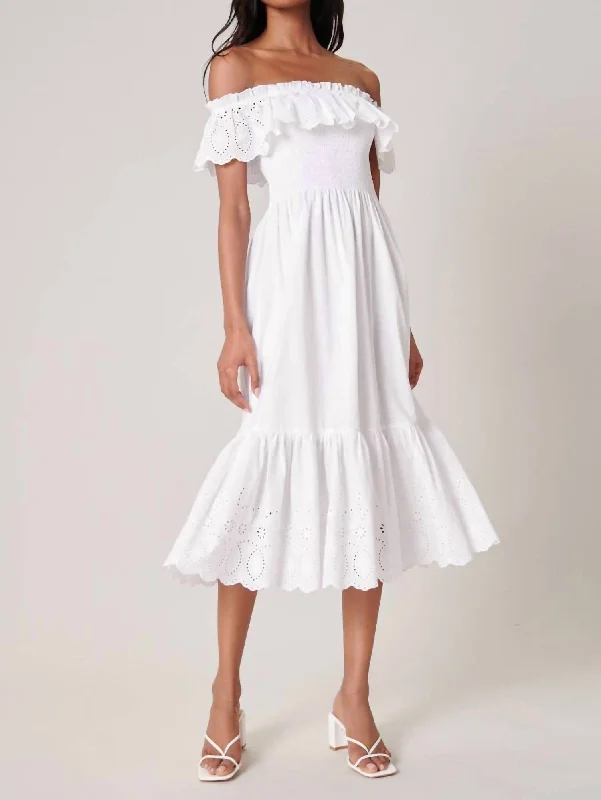 Esmeralda Smocked Eyelet Midi Dress In White