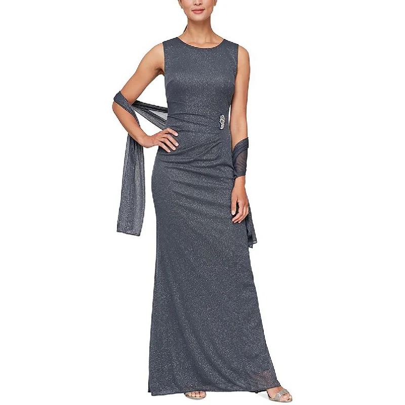 Petites Womens Glitter Maxi Evening Dress