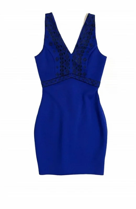 Women's Embroidered V Neck Scuba Knit Mini Sheath Dress In Blue