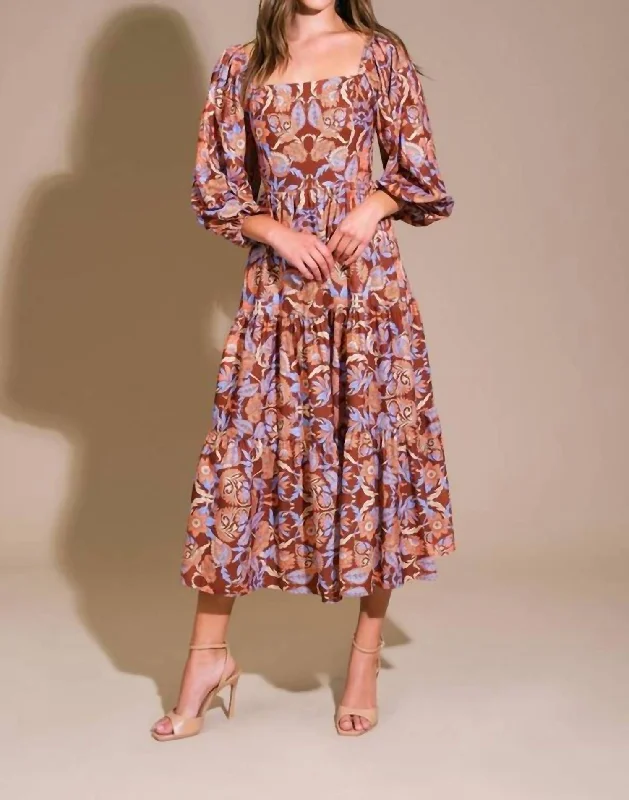 A Printed Woven Midi Dress In Brown Blue