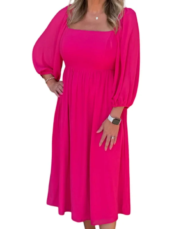 Amaretto Puff Sleeve Midi Dress In Fuchsia