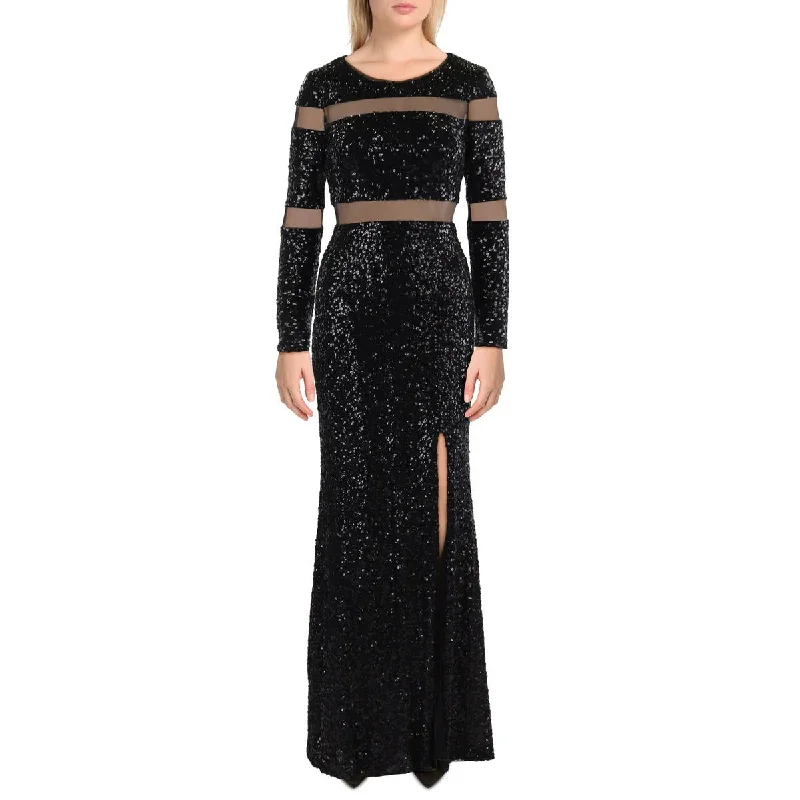 Womens Sequined Illusion Evening Dress