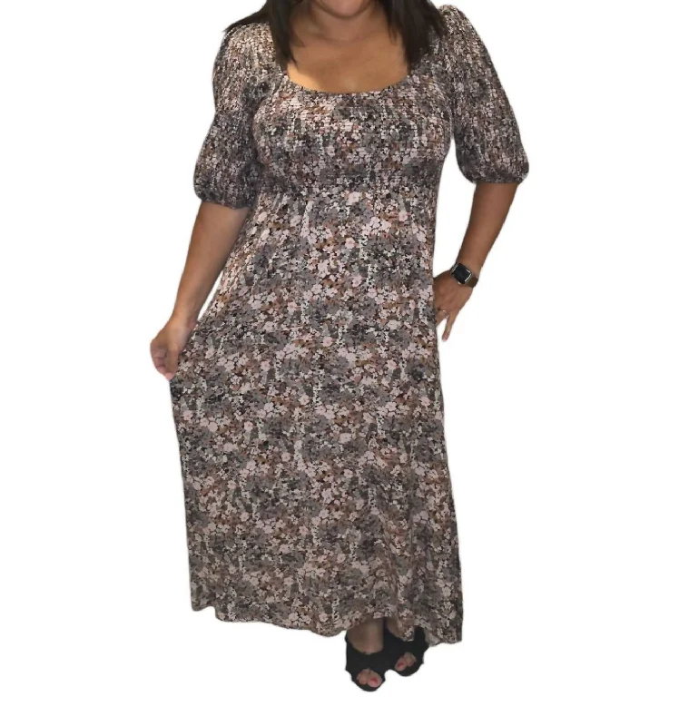 Fall Floral Smocked Midi Dress In Brown