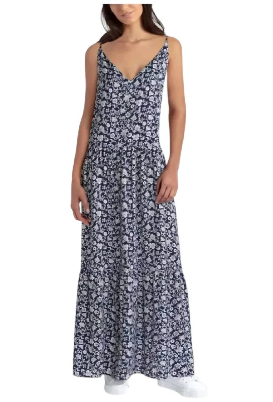 Floral Batik Tiered Maxi Dress In Navy/white