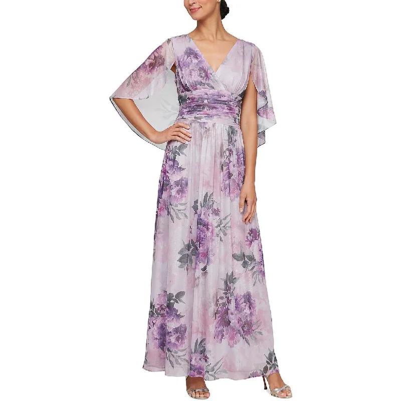 Womens Floral Print Sheer Evening Dress