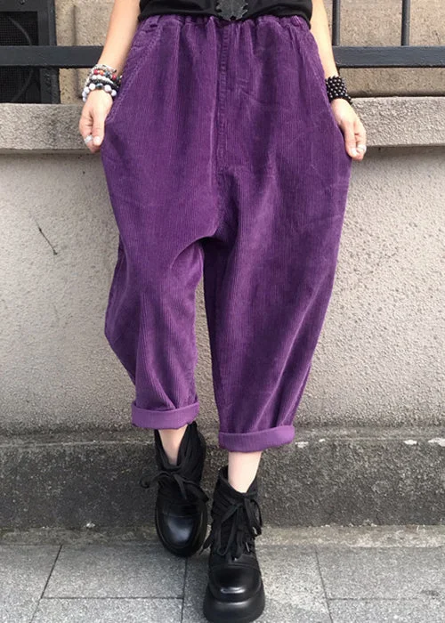 Loose Purple Pockets Elastic Waist Corduroy Crop Pants Fall