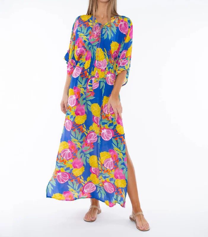 Athens Pomegranate Kaftan Maxi Dress In Blue Pomegranate